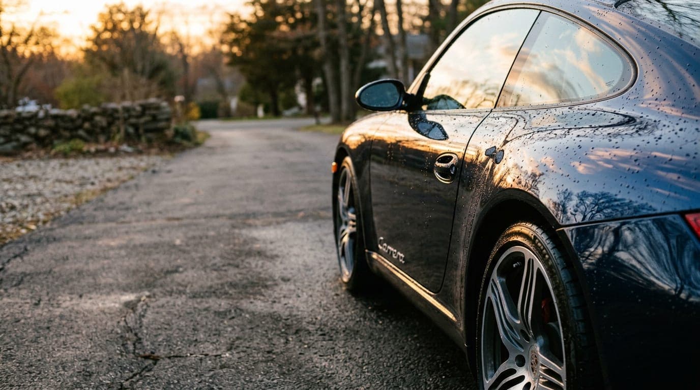 A freshly detailed car with a brilliant shine, photographed outdoors in natural light.