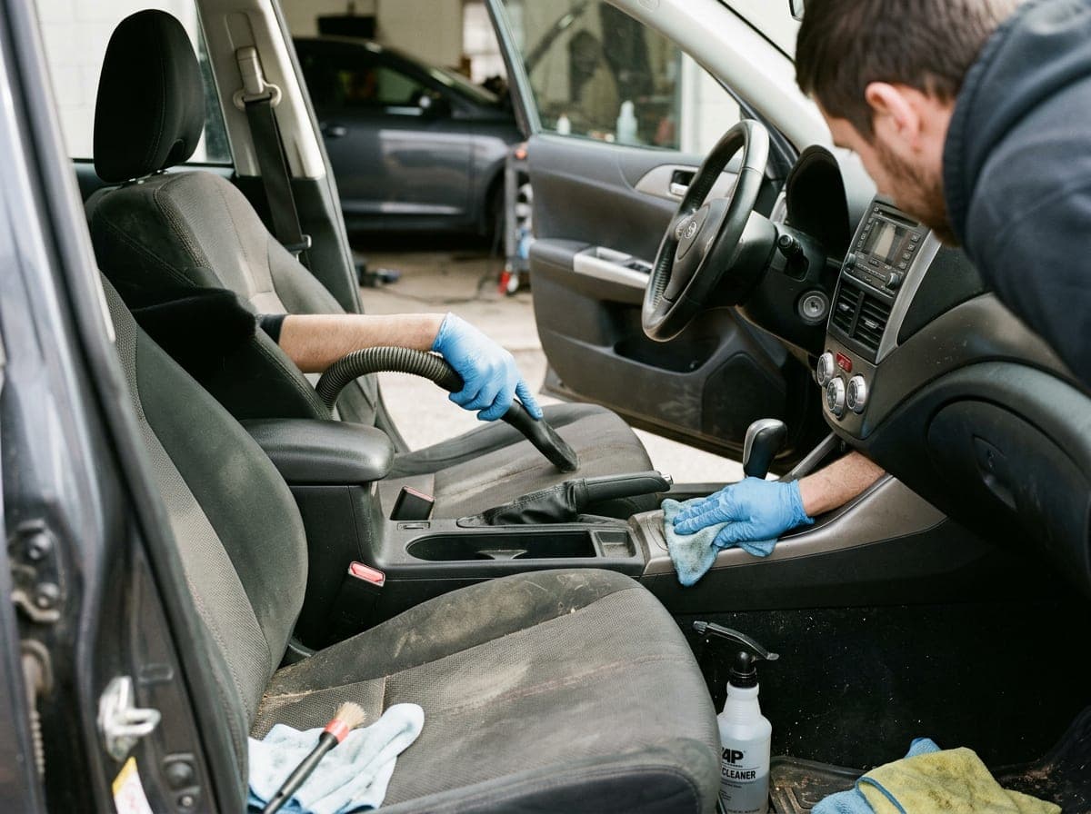 A professional detailing a car's interior, vacuuming and cleaning upholstery and trim.